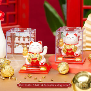 Mèo Thần Tài Vẫy Tay Dùng Năng Lượng Mặt Trời, Hộp Mica - Mèo Maneki Neko Mang Lại May Mắn Tài Lộc Cho Gia Chủ