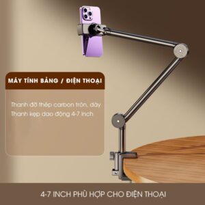 Tay Arm Kẹp Đỡ Điện Thoại, Tablet | Giá Đỡ Điện Thoại Kẹp Bàn Bằng Hợp Kim Nhôm, Xoay 360 Độ