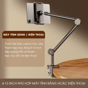 Tay Arm Kẹp Đỡ Điện Thoại, Tablet | Giá Đỡ Điện Thoại Kẹp Bàn Bằng Hợp Kim Nhôm, Xoay 360 Độ