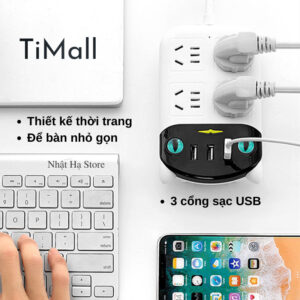 Ổ Cắm Điện Đa Năng Thông Minh 2500W, Chống Giật, 6 Lỗ Cắm Và 3 Cổng Sạc USB, Phích Cắm 2 Chấu