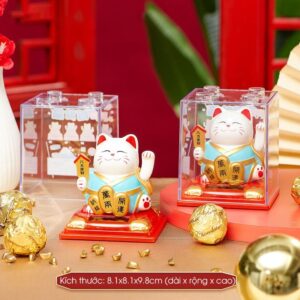 Mèo Thần Tài Vẫy Tay Dùng Năng Lượng Mặt Trời, Hộp Mica - Mèo Maneki Neko Mang Lại May Mắn Tài Lộc Cho Gia Chủ