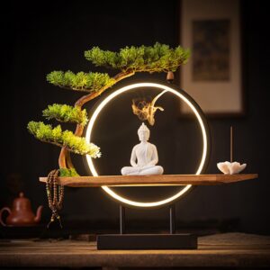 Tượng Phật Thích Ca Ngồi Thiền Dưới Gốc Cây Kèm kệ Đèn Led Decor An Yên