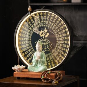 Tượng Quan Âm Bồ Tát Ngồi Thiền An Nhiên Kèm Kệ Đèn Led Bát Nhã Tâm Kinh