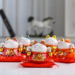 Mèo Thần Tài Maneki-Neko Mini Cầm Chuông Gió Để Bàn Làm Việc Mang Lại May Mắn, Tài Lộc