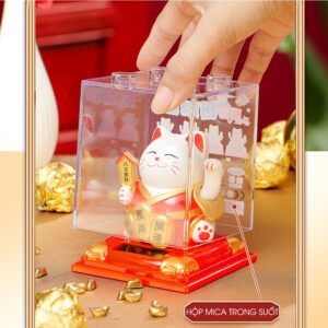 Mèo Thần Tài Vẫy Tay Dùng Năng Lượng Mặt Trời, Hộp Mica - Mèo Maneki Neko Mang Lại May Mắn Tài Lộc Cho Gia Chủ