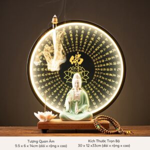 Tượng Quan Âm Bồ Tát Ngồi Thiền An Nhiên Kèm Kệ Đèn Led Bát Nhã Tâm Kinh