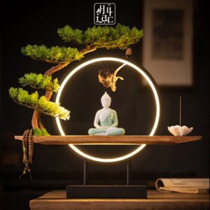 Tượng Phật Thích Ca Ngồi Thiền Dưới Gốc Cây Kèm kệ Đèn Led Decor An Yên