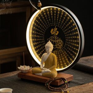 Tượng Phật Thích Ca Ngồi Thiền An Nhiên Kèm Kệ Đèn Led Bát Nhã Tâm Kinh