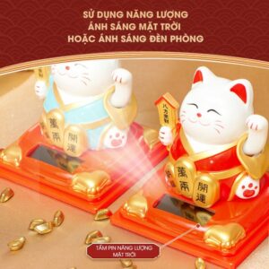 Mèo Thần Tài Vẫy Tay Dùng Năng Lượng Mặt Trời, Hộp Mica - Mèo Maneki Neko Mang Lại May Mắn Tài Lộc Cho Gia Chủ
