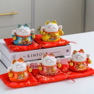 Mèo Thần Tài Maneki-Neko Mini Cầm Chuông Gió Để Bàn Làm Việc Mang Lại May Mắn, Tài Lộc