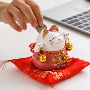 Mèo Thần Tài Maneki-Neko Mini Cầm Chuông Gió Để Bàn Làm Việc Mang Lại May Mắn, Tài Lộc