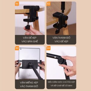 Tay Arm Kẹp Đỡ Điện Thoại, Tablet | Giá Đỡ Điện Thoại Kẹp Bàn Bằng Hợp Kim Nhôm, Xoay 360 Độ