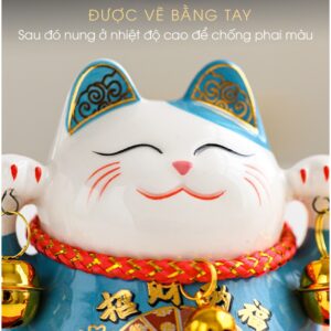 Mèo Thần Tài Maneki-Neko Mini Cầm Chuông Gió Để Bàn Làm Việc Mang Lại May Mắn, Tài Lộc