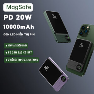 Pin Sạc Dự Phòng Không Dây Từ Tính 10000mAh, Sạc Nhanh PD 20W, Đèn LED Hiển Thị Pin