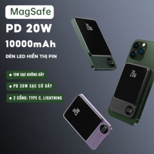 Pin Sạc Dự Phòng Không Dây Từ Tính 10000mAh, Sạc Nhanh PD 20W, Đèn LED Hiển Thị Pin