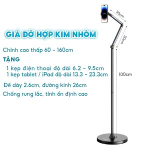Arm Kẹp Đỡ Điện Thoại, Tablet Giá Đỡ Điện Thoại Dạng Đứng Bằng Hợp Kim Nhôm, Cao Đến 1.6m và Xoay 360 Độ