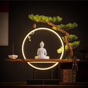 Tượng Phật Thích Ca Ngồi Thiền Dưới Gốc Cây Kèm kệ Đèn Led Decor An Yên