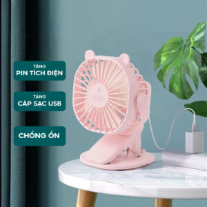 Quạt Kẹp Bàn, Quạt Tích Điện USB Để Bàn, Quạt Để Bàn Xoay 720 Độ, 3 Tốc Độ Gió, Không Gây Tiếng Ồn, Tặng Sạc USB & Pin