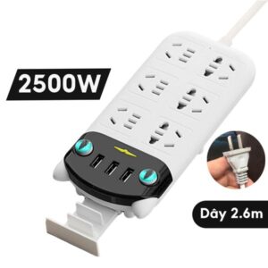 Ổ Cắm Điện Đa Năng Thông Minh 2500W, Chống Giật, 6 Lỗ Cắm Và 3 Cổng Sạc USB, Phích Cắm 2 Chấu