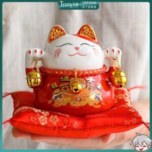 Mèo Thần Tài Maneki-Neko Mini Cầm Chuông Gió Để Bàn Làm Việc Mang Lại May Mắn, Tài Lộc