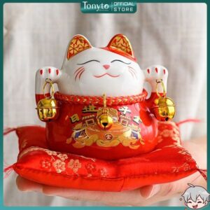 Mèo Thần Tài Maneki-Neko Mini Cầm Chuông Gió Để Bàn Làm Việc Mang Lại May Mắn, Tài Lộc