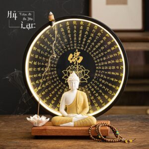Tượng Phật Thích Ca Ngồi Thiền An Nhiên Kèm Kệ Đèn Led Bát Nhã Tâm Kinh