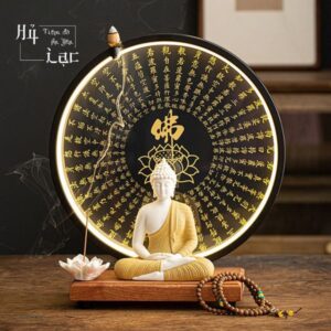 Tượng Phật Thích Ca Ngồi Thiền An Nhiên Kèm Kệ Đèn Led Bát Nhã Tâm Kinh
