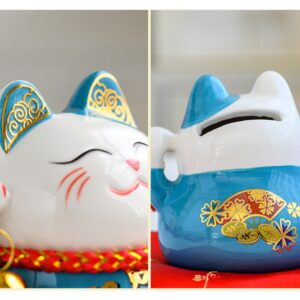Mèo Thần Tài Maneki-Neko Mini Cầm Chuông Gió Để Bàn Làm Việc Mang Lại May Mắn, Tài Lộc