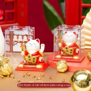 Mèo Thần Tài Vẫy Tay Dùng Năng Lượng Mặt Trời, Hộp Mica - Mèo Maneki Neko Mang Lại May Mắn Tài Lộc Cho Gia Chủ