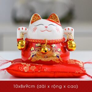 Mèo Thần Tài Maneki-Neko Mini Cầm Chuông Gió Để Bàn Làm Việc Mang Lại May Mắn, Tài Lộc