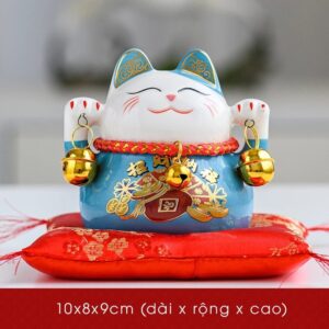 Mèo Thần Tài Maneki-Neko Mini Cầm Chuông Gió Để Bàn Làm Việc Mang Lại May Mắn, Tài Lộc