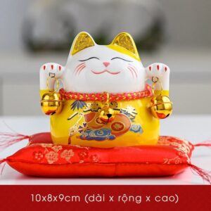 Mèo Thần Tài Maneki-Neko Mini Cầm Chuông Gió Để Bàn Làm Việc Mang Lại May Mắn, Tài Lộc